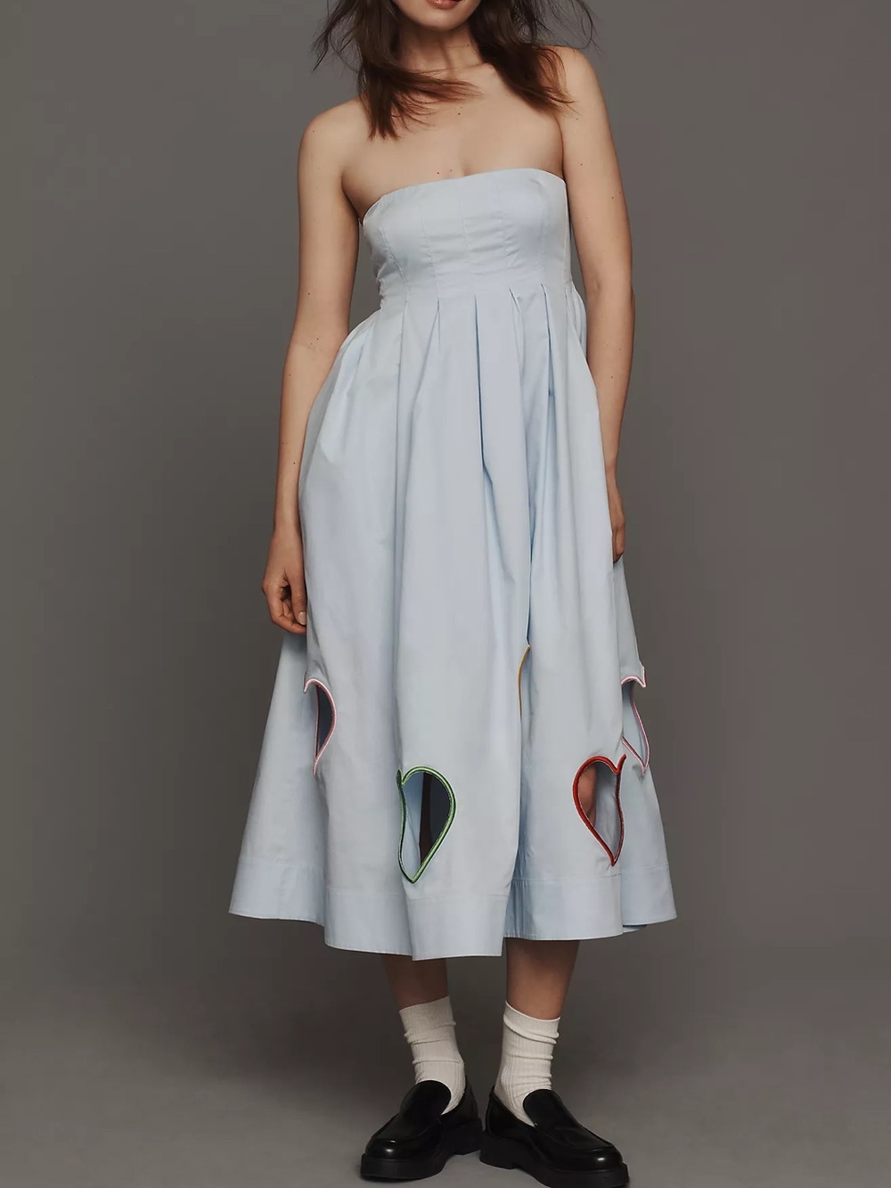 Anthropologie Mare Mare Strapless Cut-Out Hearts A-Line Midi Dress Light Blue